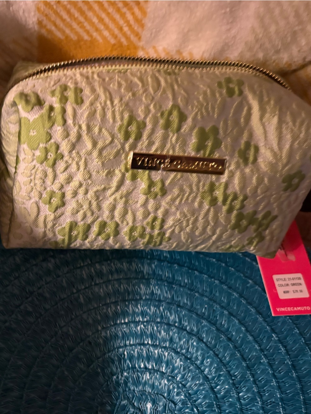 Vince Camuto green and beige  floral cosmetic bag zipper on top . M.S.R.P. $29. - Picture 4 of 5